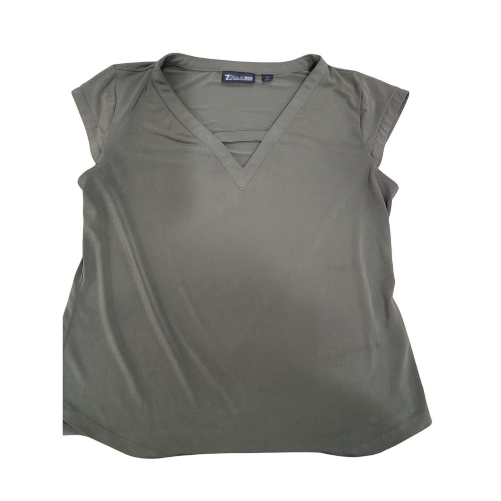 New York & Company 7th Avenue Olive Green V-Neck Cap Sleeve Blouse Medium